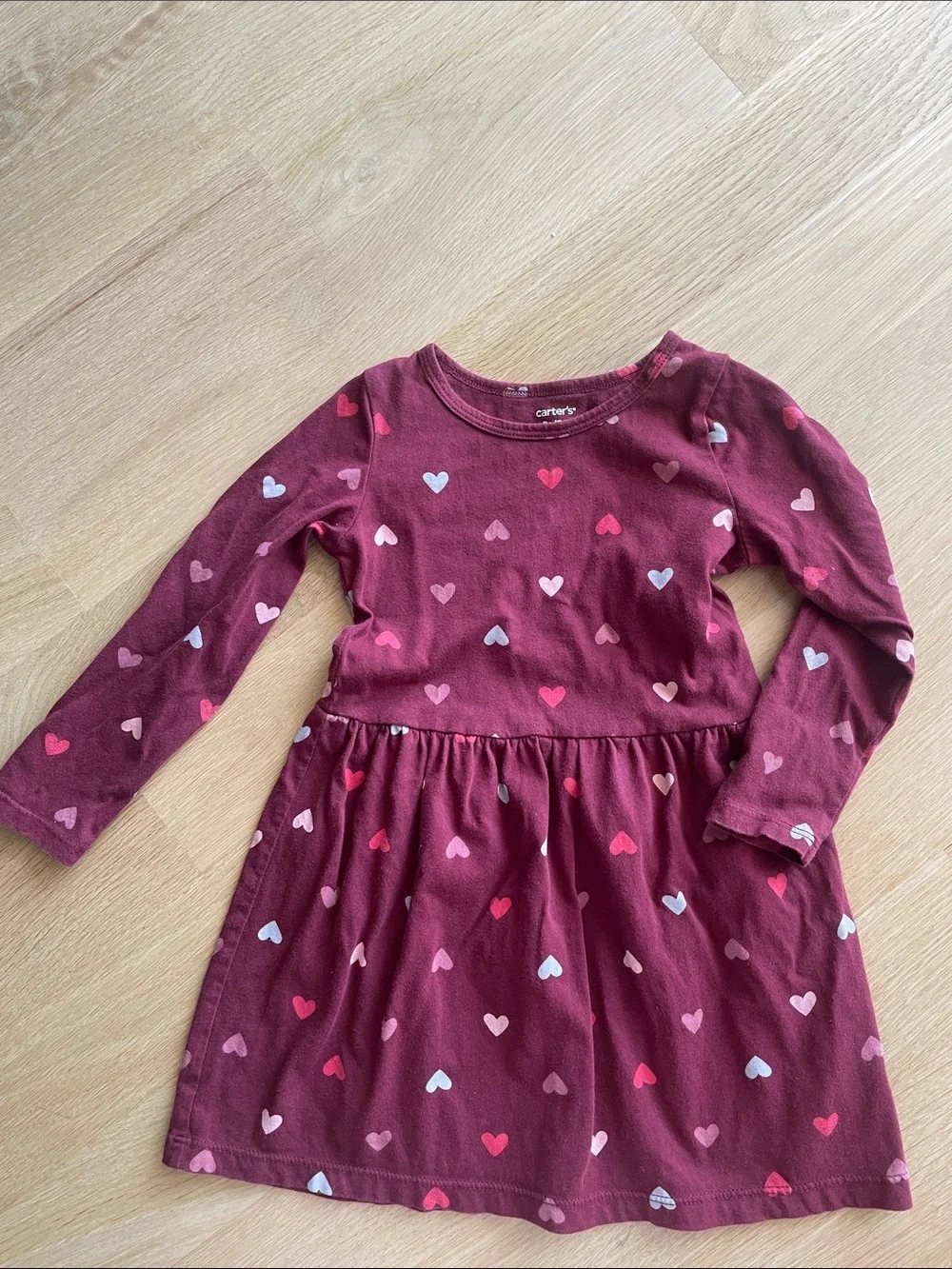 Carter's Burgundy Heart Print Long-Sleeve Dress with Pink and White Hearts